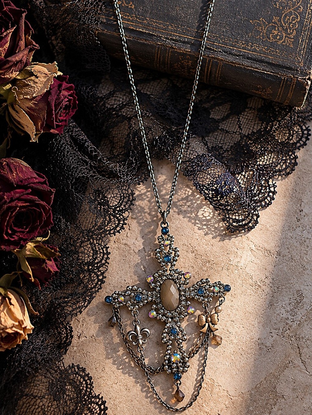 Cathedralcore Gothic Cross Necklace Rhinestone Statement Pendant Romantic Goth - Picture 2 of 8